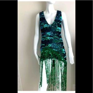 Green and blue print sleeveless sequin party dress with fringe